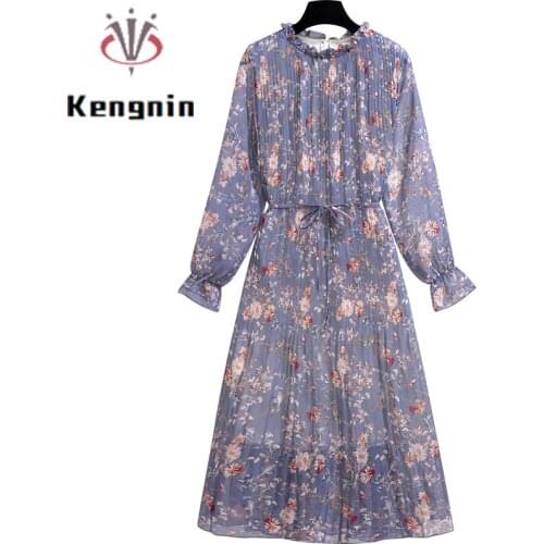 Loose Chiffon Dress Autumn Pleated Female Robe Dresses Print Floral Long Sleeve Womens Dresses Office Lady Work Dress KE1887