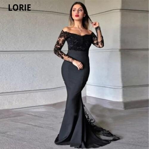 LORIE Black Evening Gowns Mermaid for Women Off Shoulder Full Sleeve Lace Appliques Prom Party Dresses Celebrity Dresses Vintage