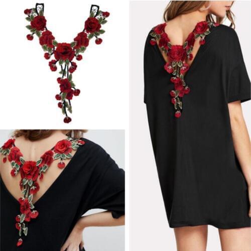1 PC 40*36cm Embroidered 3D Floral Lace Neckline Neck Lace Trim Clothes Sewing Applique Red Width Green Color