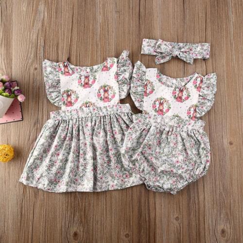 2021 Kids Baby Girl Sister Matching Easter Clothes Baby Girl Floral Rabbit Romper Dress Bow Headband Outfits Kids Girl Ses 0-6Y