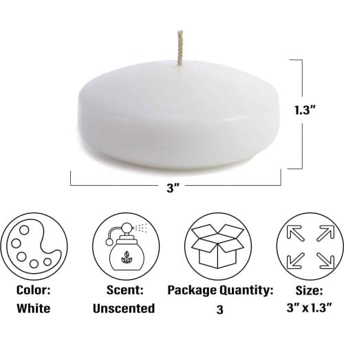 3pcs/set White Floating Candles for Pool Parties Remance Bathtub Decor Smoke Free 7.5cm/3inch Diameter 3.5cm/1.3inch Height