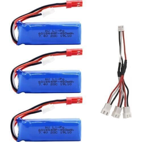 7.4V 450MAH 601844 20C Lipo Battery with 3 in 1 Charging Convert Cable For for WLtoys K969 K989 K999 P929 P939 RC Car parts 7.4V