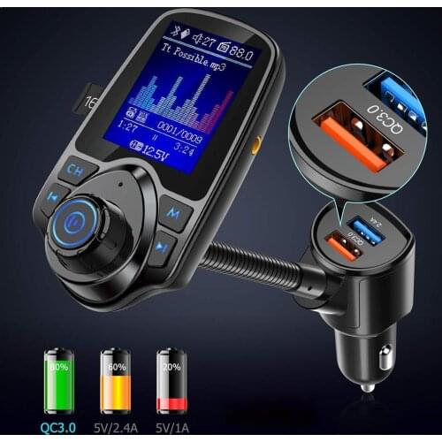 T10D Bluetooth FM Transmitter Car Player Kit Card Car Charger Quick With QC3.0 Dual USB Voltmeter & AUX IN/OUT DC 12/24V