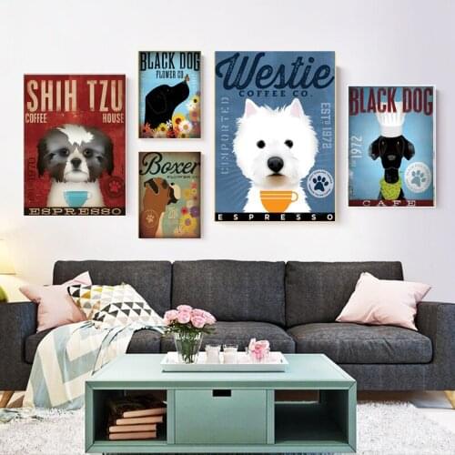 Black Dog Art Coffee Wall Decor Cute Poster Animals Canvas Painting Home Decor Scandinavian Living Room Decoration
