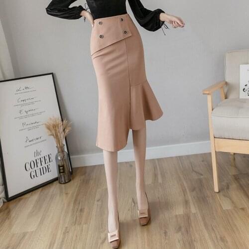 Elegant Midi Women Irregular Plus Size High Waist 2021 Fashion Mermaid Skirt Breasted Black Apricot Elastic OL Skirts Womens