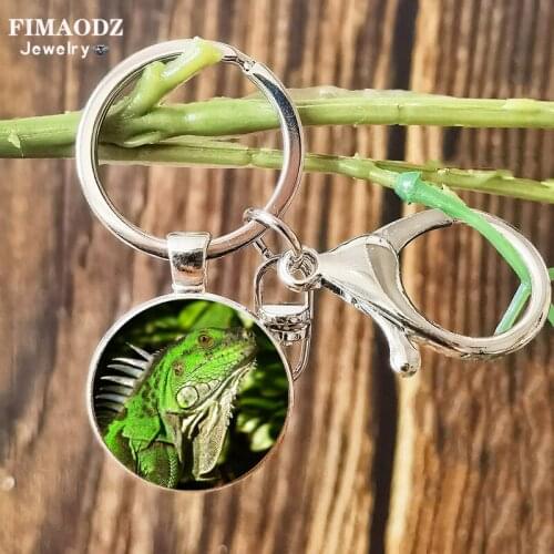 FIMAODZ Newest Lizard Glass Keychain Green Iguana Leopard Gecko Maned Lion Lizard Chameleon Lobster Key Chain Ring for Friends