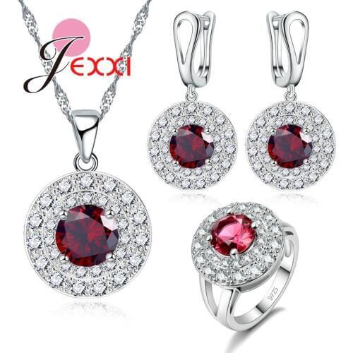 Women Elegant Bridal Wedding Jewelry 925 Sterling Silver Necklace Earrings Ring Sets Fashion Zircon Rhinestone Red Crystal