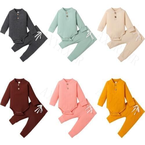 0-24M Newborn Infant Baby Boys Girls Clothing Set Spring Autumn Boys Long Sleeve Ribbed Bodysuits +Elastic Pants Soft Outfits