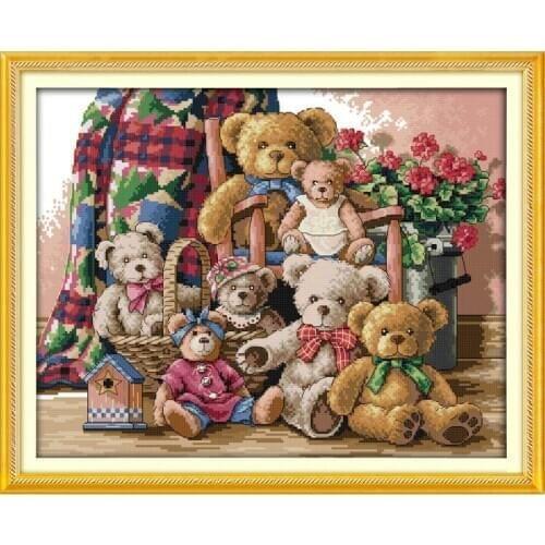 Joy Sunday Bear family pattern Handmade Cross Stitch Set DMC 14CT counted Cross stitch print on canvas embroidery kit Home decor