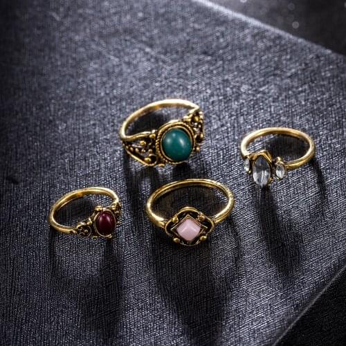4PCS/Set Rings Set Bohemian Vintage Crystal Rings Lucky Midi Knuckle Women Jewelry Gifts Crystal Midi Gold Finger Ring