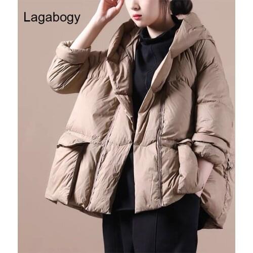 Lagabogy New Winter Women Oversize 90% White Duck Down Coat Female Hooded Warm Short Khaki Jacket Autumn Pocket Snow Outwear
