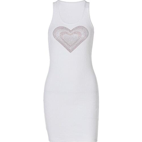 New Autumn Fashion Rhinestone Sleeveless Love Heart Slim O Neck Dress