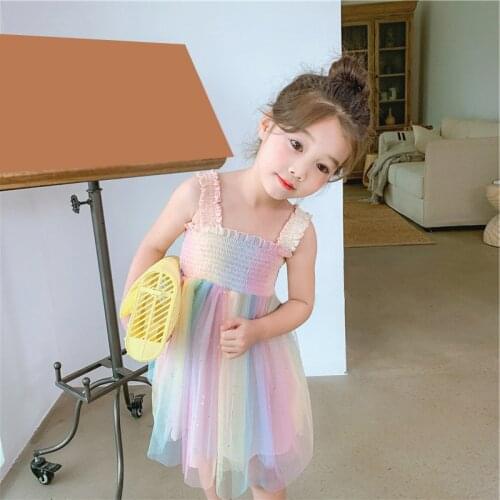 New Kids Dresses for Girls Short Sleeve Dress Rainbow Mesh Party Costume Fairy Summer Puffy Dress Children Clothing