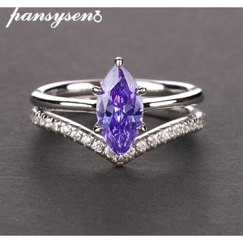 PANSYSEN 100% Authentic 925 Sterling Silver Mariquesa Shape Amethyst Rings for Women Wedding Anniversary Gemstone Ring