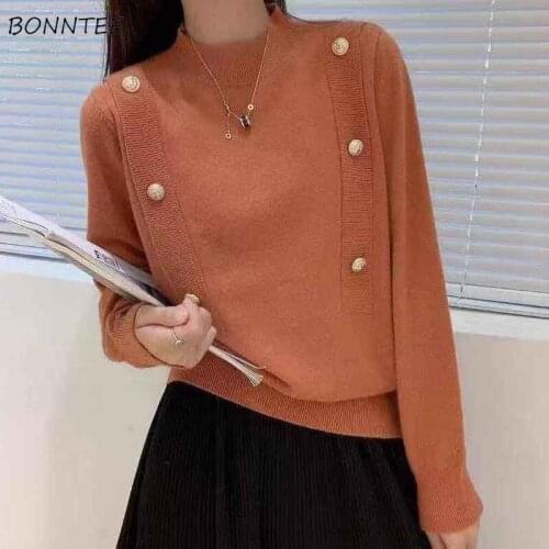 Pullovers Women Orange Buttons Solid Basic Design Korean Style Students Cute Ladies Tops Chic Vintage Fashionable Warm Casual