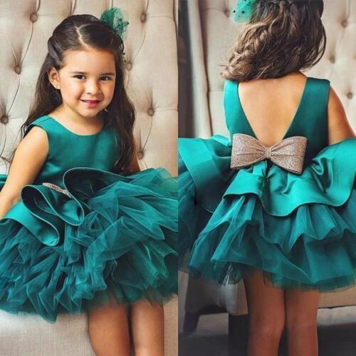 Puffy Green Flower Girls Dresses Knee-Length Scoop Bows Birthday Party Girls Pageant Gowns First Christening Communion Gowns