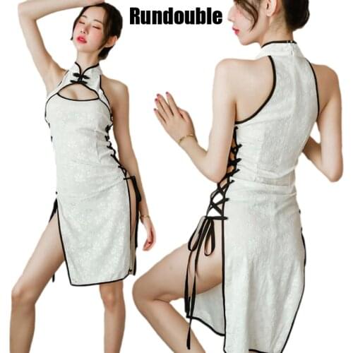 Sexy Cheongsam Bandage Dress Qipao Retro Jacquard Robe Nightclubwear Adult Sex Party Play Clothes Erotic Halter Lingerie Bdsm