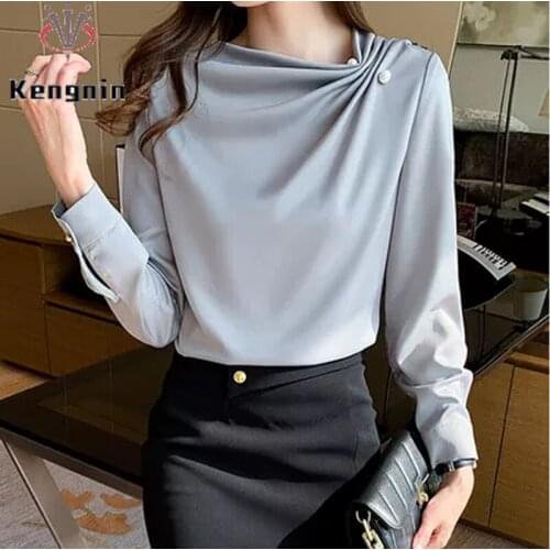 Chiffon Womens Blouse 2021 Spring Autumn Long Sleeve Shirt Pleated Rivet Fashion Tops Female Office Lady Gray Pullovers KE975