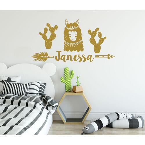 Nordic Wall Decal Girl Name Llama Alpaca Arrow Vinyl Stickers Personalized Name Cactus Nursery Bedroom Kids Custom Decor D238