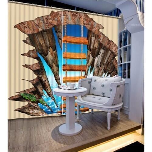 Custom Curtain Blackout Curtain Fabric Cliff Wooden Bridge Sky Curtains For Bedroom Curtain For Bathroom Kitchen