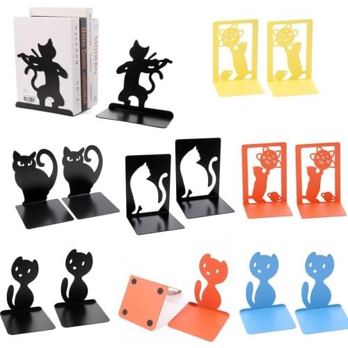2pcs Cat Pattern Iron Bookends Practical Simple Book Ends Book Supports Rack Desktop Organizer Magazines Stand for Office School