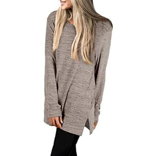 Women Loose Shirt Long Sleeve Blouse Round Neck Top with Pockets Top round neck long sleeve pocket loose mid-length T-shirt