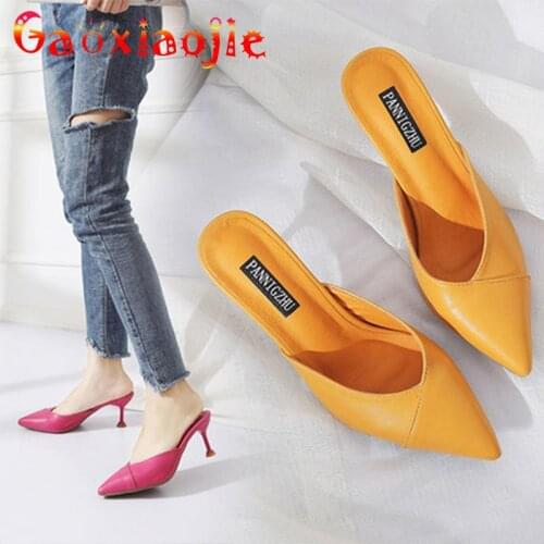 2021 Summer New Closed Pointed End Woman Elegant Sandals Concise Daily Home Half Slippers 6CM Lazy Style Party High Heel Shoes