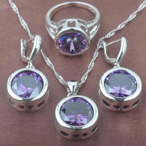 Round Shape Purple Zirconia Womens Silver Color Jewelry Sets Necklace Pendant Earrings Ring Free Shipping TZ0147