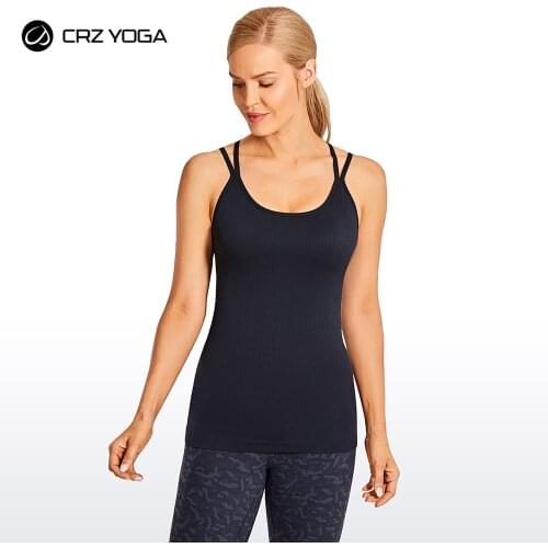 CRZ YOGA Womens Seamless Built-in Bra Tank Tops Strappy Back Activewear Workout Compression Tops