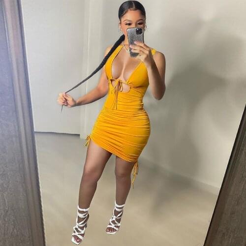 Womens Ruched Drawstring Bodycon Mini Dress Sexy Deep V Neck Sleeveless Club Tank Vestidos Summer Body-shaping Summer Dresses