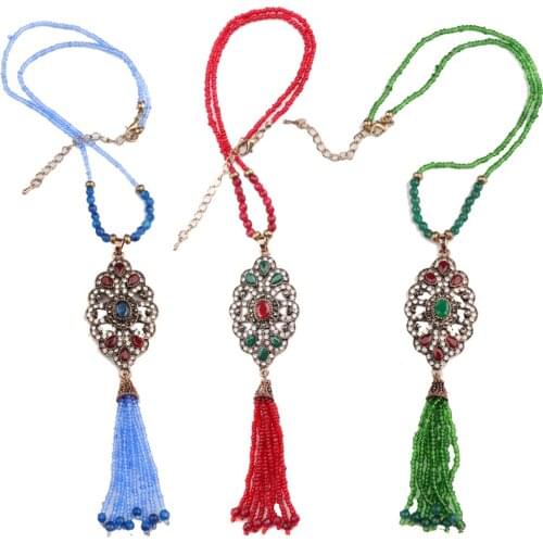 Crystal Necklace Boho Long Tassel Beads Pendant Necklaces Bohemian Ethnic Jewelry Women Gypsy Choker Vintage Collar Wedding Gift