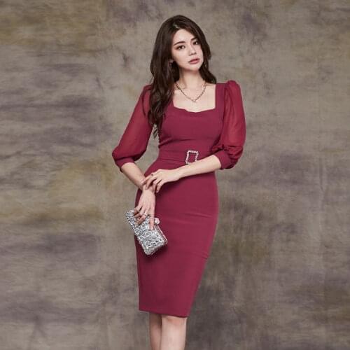 Autumn Elegant Korean Office Dress Women Patchwork Chiffon Sleeve Wrap Dress Ladies Slim Wine Red Dresses Woman Vestidos S-xl
