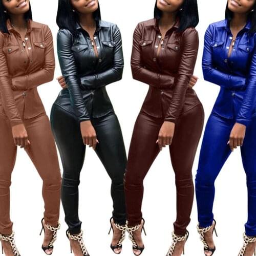 Plus Size S-3XL Winter Overalls Pu Leather Shirt+Pencil Pant Tracksuit Fashion Sexy Women Set Two Pieces Jumpsuit Casual Outfits