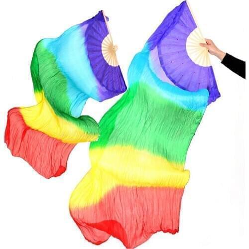 1 PAIR 1.8M BELLY DANCE 100% SILK BAMBOO FAN VEILS (L+R) RAINBOW COLORS