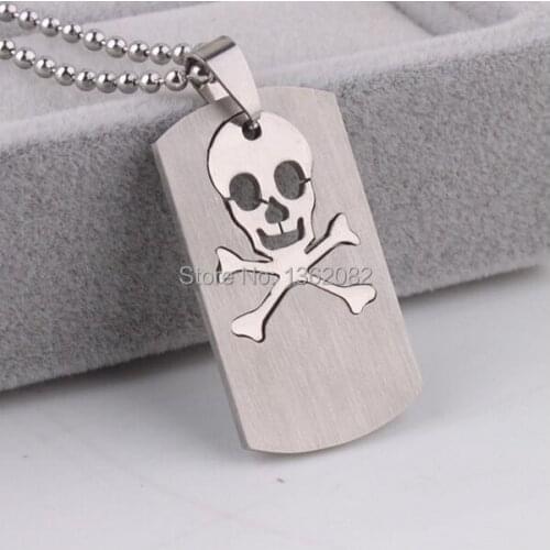 2 in 1 Stainless Steel Skull Dog tags Mens Cool Silver Tone Pirate Skull pendant Necklace Chain Gift MN63