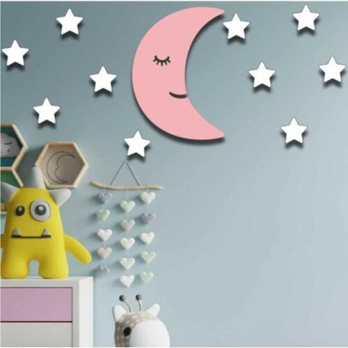 4 different color Moon planet + 10 White Star Children Room Wooden Wall Decoration 32x22cm custom wood design convenient 2021 children room