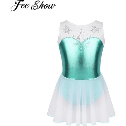 Kids Girls Shiny Metallic Bodice Ballet Dance Rhythmic Gymnastics Leotard Dresses Rhinestone Snowflake Ice Figure Skating Dress