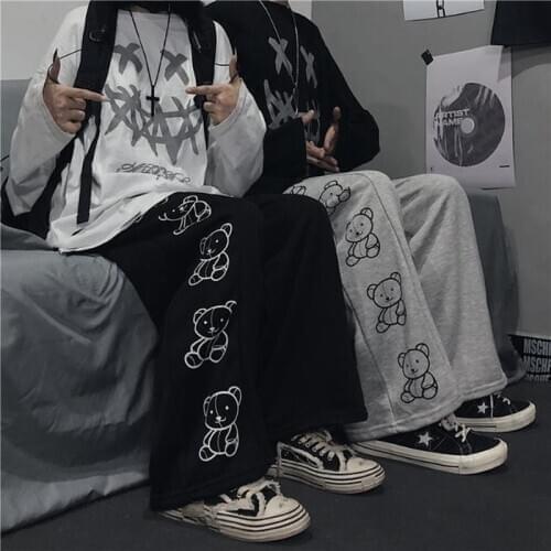 QWEEK Casual Bear Print Pants Streetwear Women Kawaii Cute High Waist Hip Hop Sweat Pants Girls 2021 Fashion Black Trousers