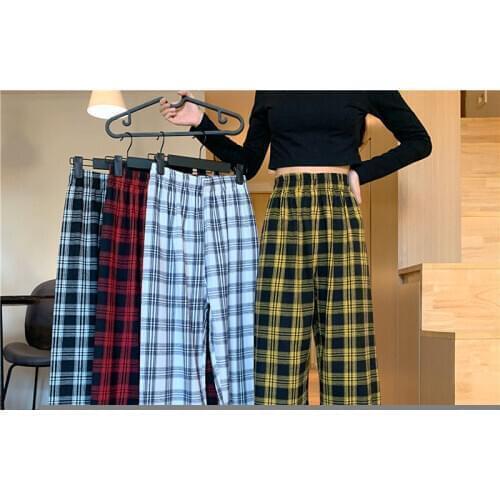 Checkered Pants for Women Vintage Plaid Pants Fashion Korean Style Wide Leg Pants Women Summer Blue Harajuku Oversized Trousers