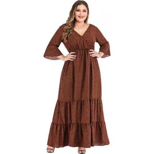 DOIB Women Floral Dress Plus Size Brown Cross V Neck Ruffle Sleeve Sashes Bohemia Large Size Long Dress Maxi Dress 6XL