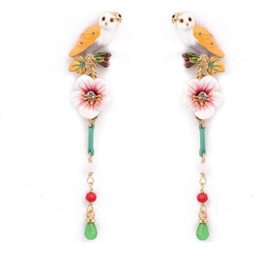 European and American temperament fashion enamel glaze owl earrings exaggerated personality niche long tassel dangle earrings