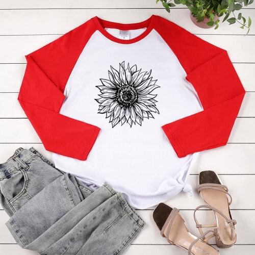 Sunflower Printed Long Sleeve T-shirts Women Autumn Winter 2020 Graphic Tee Vintage Woman Tshirts Cotton Two-tone Stiching Tops