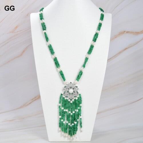 GuaiGuai Jewelry 26" Natural Pearl Green Jade Stone CZ Pendant Necklace