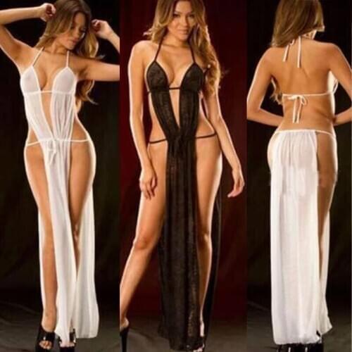 Bathrobe Black Transparent Womens Underwear Sexy Erotic Lingerie Lace Babydoll Dress Sexy Nightgowns Long Night Dress Sleepwear