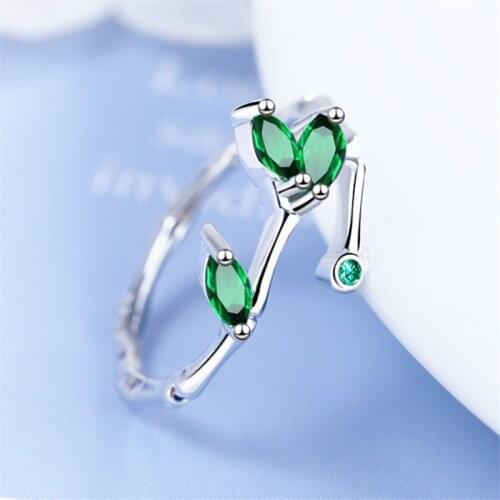 2021 New Fashion Spring Style Plant Fresh Leaves Rings On Fingers For Women Female Tibetan Silver Green Cubic Zircon Stones Ring
