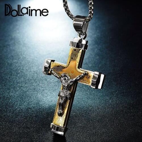 Dolaime Party Fathers Day Hot sale Fashion Men Stainless Steel Silver Color Ripple Four Jesus Cross pendant necklace