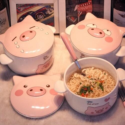 Lovely pig and pig noodles bowl large capacity girl heart bowl single household soup bowl with cover microwave oven tableware