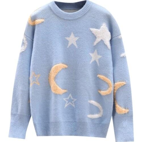 Korean Fashion Moon Stars Loose Sweater Women 2021 New Autumn Winter Pullovers Female Knitwear Casual Jumper Fall Knit Clothes