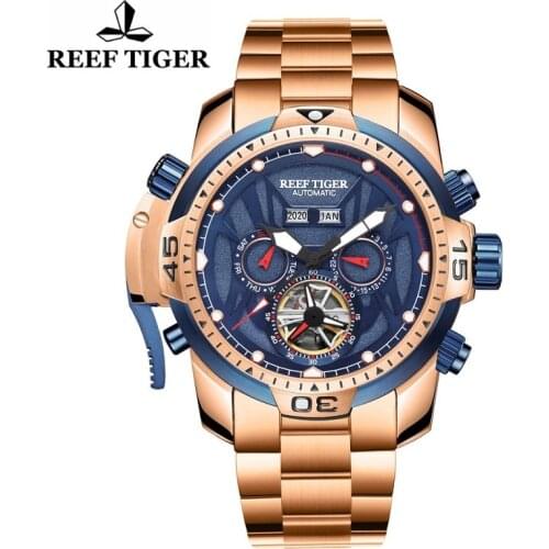 Reef Tiger/RT Mens Transfoemer Dial Sport Clock Complicated With Year Month Perpetual Calendar Steel Bracelet New WristWatches