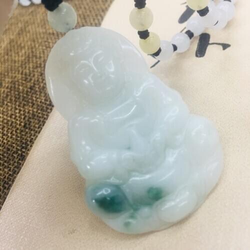 Natural Burmese Emerald Jade Carving Guanyin Pendant with Tri-Color Bead Necklace Mens Sweater Chain